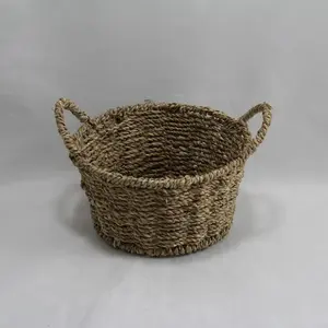 Small Round Seagrass Tray Basket with Handles Natural 19x10cm Height