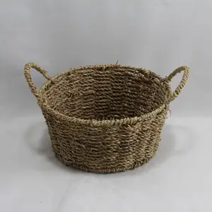 Medium Round Seagrass Tray Basket with Handles Natural 23x11cm Height