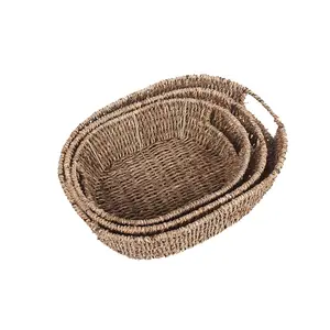 Set of 3 Oval Seagrass Tray with Inset Handles Natural