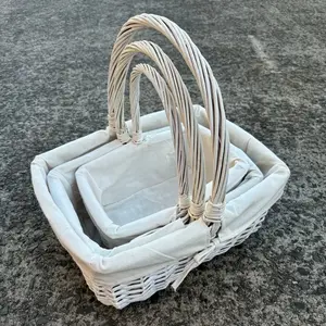 SET OF 3 RECTANGLE WHITE WILLOW BASKETS WITH WHITE LINER