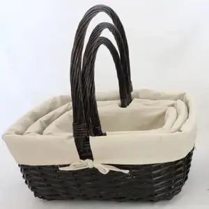 SET OF 3 RECTANGLE COFFEE WILLOW BASKETS WITH NATURAL LINER 40x30x18cmh