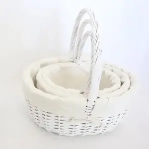 SET OF 3 OVAL WHITE WILLOW BASKETS WITH WHITE LINER 42x35x18cmh