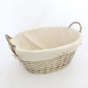 OVAL GREYWASH WILLOW WASHING BASKET WITH NATURAL LINER 60x43x25cmh