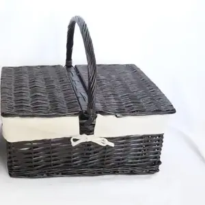 RECTANGLE COFFEE WILLOW PICNIC BASKET WITH NATURAL LINER 48x35x23cmh