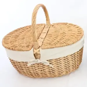 OVAL HONEY WILLOW PICNIC BASKET WITH NATURAL LINER 44x33x21cmh