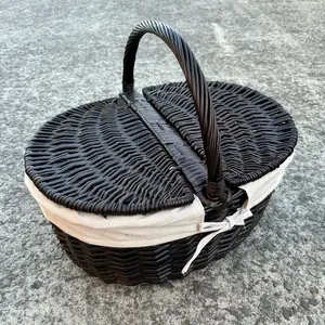 OVAL COFFEE WILLOW PICNIC BASKET WITH NATURAL LINER 44x33x21cmh