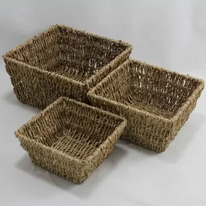 Set Of 3 Square Seagrass Trays Natural