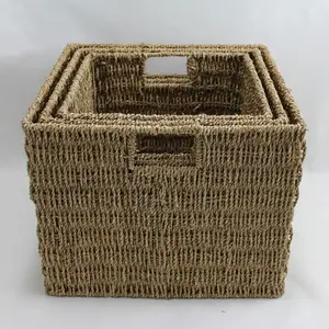 Set of 3 Square Seagrass Storage Baskets Natural